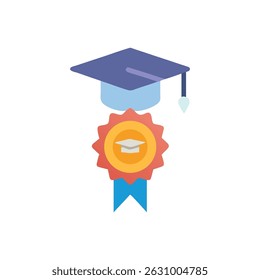Flat illustration of a graduation cap atop an achievement badge with ribbons. Simple composition and design for stock image purposes.
