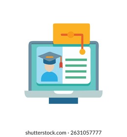 Flat illustration of a graduation ceremony displayed on laptop, with digital diploma. Clean, modern style on White Background.