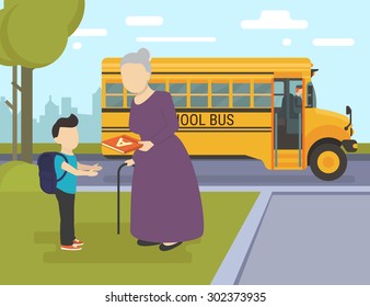 Flat illustration of grandmother giving an alphabet to her grandson and school bus behind them