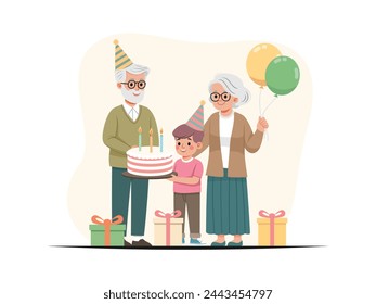 Flat illustration of Grandparents attend their grandchildren's birthday parties with gift-giving balloons, and cake.