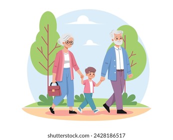 Flat illustration of Grandparents enjoying walking with their grandchild in the park.