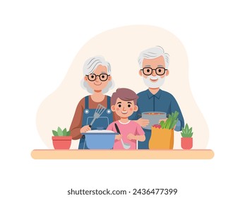 Flat Illustration of Grandparents and Grandchildren cooking together in the kitchen.