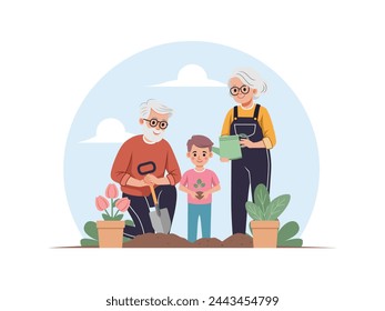 Flat Illustration of grandparents and grandchildren taking care of the garden or gardening in the yard