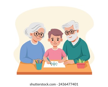 Flat illustration of Grandparents helping their Grandchildren draw at the table.