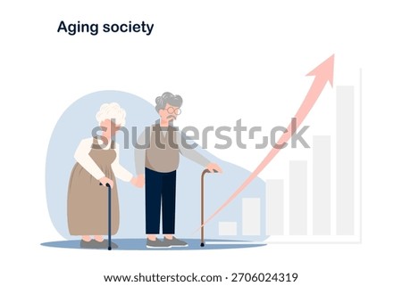 Flat illustration, a graph showing a continuously rising aging society. An elderly couple holds hands amidst a graph showing a continuously rising aging society rate.