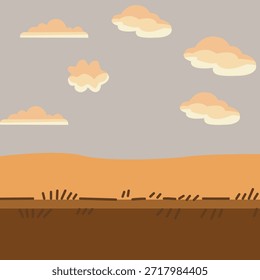 Flat Illustration of Grassy Field with Cloudy Sky