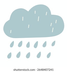 Ilustração plana de uma nuvem cinza com gotas de chuva. Perfeito para aplicativos meteorológicos, ícones do clima, previsões de tempestade ou conteúdo da estação chuvosa em um estilo de desenho animado bonito.