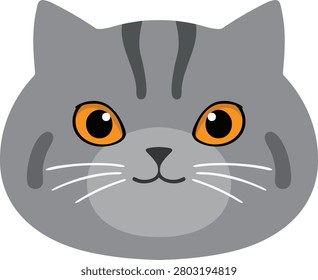 Flat illustration of a gray tabby cat face with orange eyes stripe markings and white whiskers