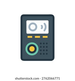 Flat illustration of a gray and teal electronic device with rounded corners and speaker signal icon. Isolated on black.