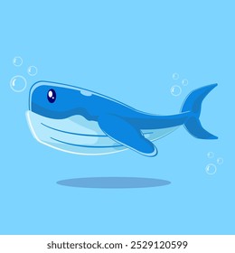 Flat illustration great blue whale in the ocean, sea whale