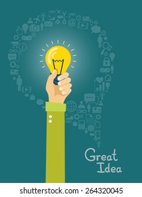 Flat illustration of a great idea. Hand holding a bulb. Eps10