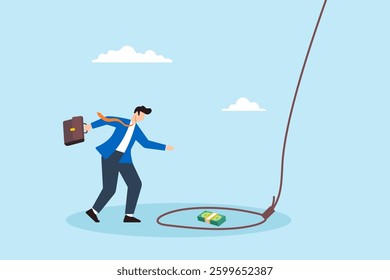 Flat illustration of greedy businessman step toward tricky rope trap bait with bundle of banknote