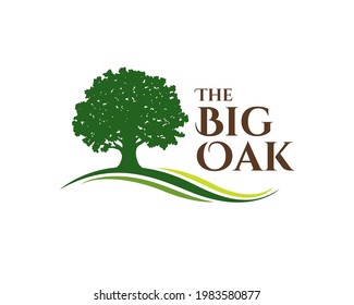 flat illustration of green big oak tree on the ground valley