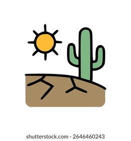 Flat Illustration of Green Cactus on Dry Cracked Desert Ground with Bright Yellow Sun in the Sky