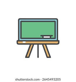 Flat illustration of a green chalkboard on a stand with an eraser. Clean modern design style.