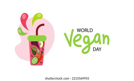 Flat illustration of green detox smoothie vector isolated on white background. healthy food concert.doodle cartoon banner of World Vegan Day. 