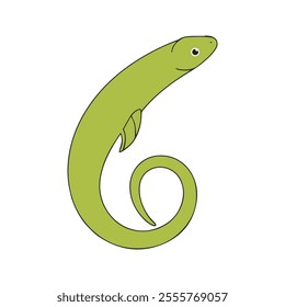 Flat illustration of a green eel with elongated body, sleek curve, minimalistic design, smooth lines, clean background