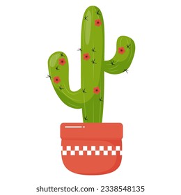 Flat illustration of a green flowering cactus in a red pot.