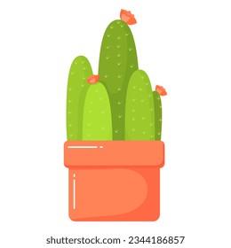 Flat illustration of a green flowering cactus in a red pot. Cartoon vector illustration.