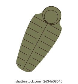 Flat illustration of a green mummy style sleeping bag with stitched sections and a hood. Represents essential camping gear for staying warm during outdoor overnight adventures.