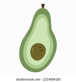 Flat illustration with green ripe avocado cut into two pieces. Vector hand drawn clipart isolated on background. Vegetarian and vegan food. Healthy farm product. Healthy eating and diet concept.