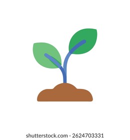 Uma ilustração plana de uma muda verde emergindo de solo marrom. A composição é limpa e minimalista contra um fundo escuro.