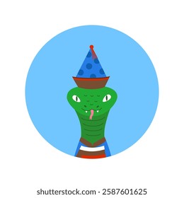 A flat illustration of green snake in traditional mongolian costume, a symbolic Lunar New Year zodiac image