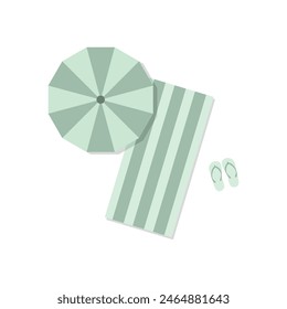 A flat illustration of a green striped beach towel and a parasol and flip-flops, on a white background.