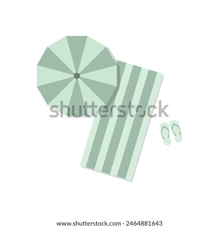 A flat illustration of a green striped beach towel and a parasol and flip-flops, on a white background.