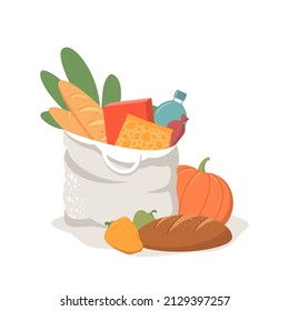 Ilustración plana de una bolsa de comestibles llena de alimentos y verduras. Compras para comestibles, deliciosos alimentos frescos, productos orgánicos naturales. Concepto ecológico, sin plástico. Vector.