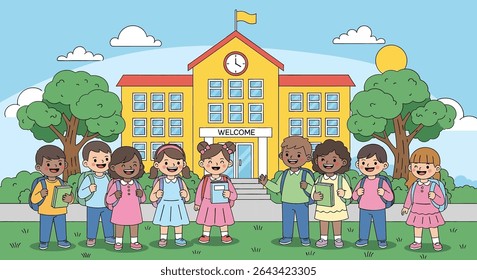 Flat illustration of a group of cheerful and diverse elementary school children standing in front of their bright yellow school building under a sunny sky