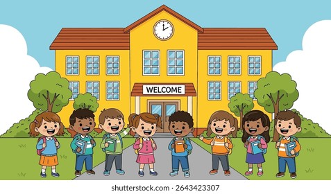 Flat illustration of a group of cheerful and diverse elementary school children standing in front of their bright yellow school building under a sunny sky