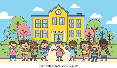 Flat illustration of a group of cheerful and diverse elementary school children standing in front of their bright yellow school building under a sunny sky