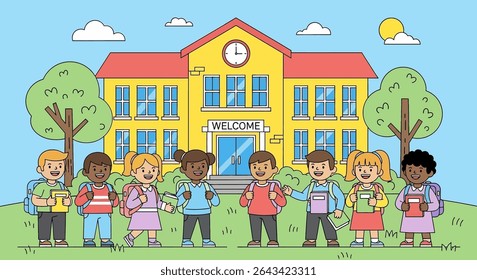 Flat illustration of a group of cheerful and diverse elementary school children standing in front of their bright yellow school building under a sunny sky