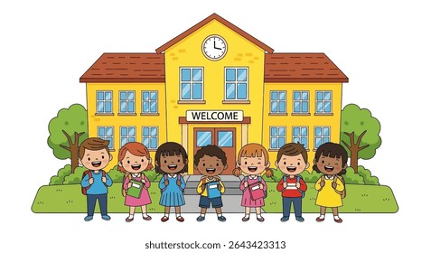 Flat illustration of a group of cheerful and diverse elementary school children standing in front of their bright yellow school building under a sunny sky