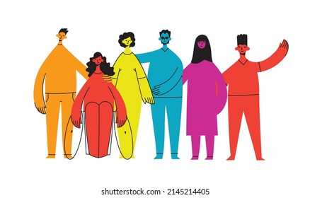 Flat illustration of a group containing inclusive and diversified people all together without any difference.