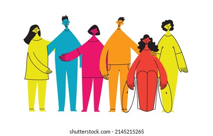Flat illustration of a group containing inclusive and diversified people all together without any difference. - Shutterstock ID 2145215265