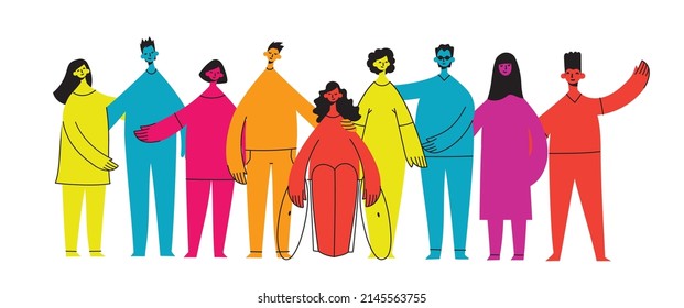 Ilustración plana de un grupo con personas inclusivas y diversificadas, todas juntas sin ninguna diferencia.