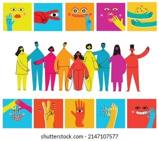 Flache Illustration einer Gruppe mit inklusiven und diversifizierten Menschen, die alle miteinander verbunden sind, ohne Unterschied.