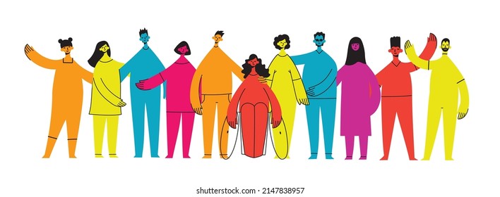 Flat illustration of a group containing inclusive and diversified people all together without any difference.