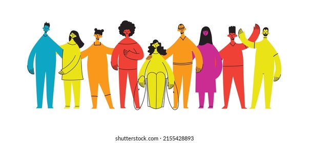 Flat illustration of a group containing inclusive and diversified people all together without any difference.