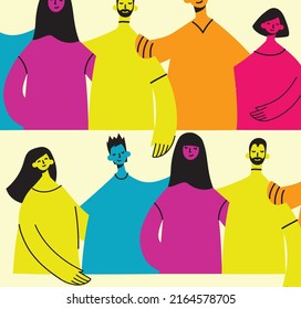 Flat illustration of a group containing inclusive and diversified people all together without any difference.