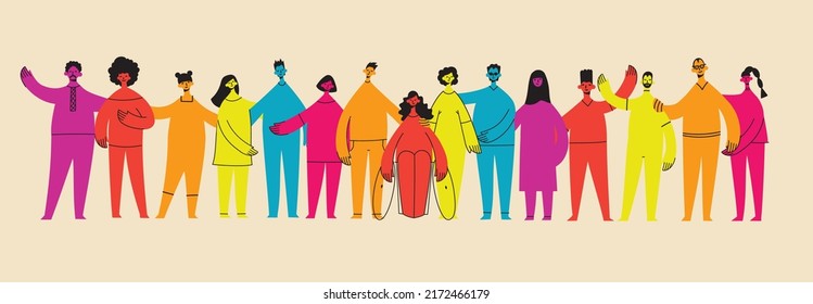 Ilustración plana de un grupo con personas inclusivas y diversificadas, todas juntas sin ninguna diferencia.