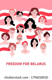 Flat illustration of a group of different women wearing white clothes standing together on a non-violent protest with belarusian white and red flags. Freedom for Belarus