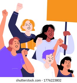 Flat illustration of a group of female activists protesting holding protest poster and shouting