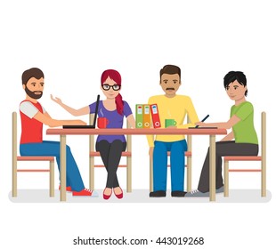 Flat illustration of a group of hipster looking individuals around the table having a conference meeting, co-working, colleagues discussing project, brainstorming.