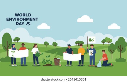 Flat illustration of a group of people celebrating World Environment Day, including tree planting, recycling. Suitable for environmental campaigns, news or educational content.
