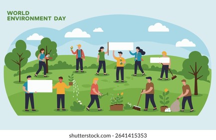 Flat illustration of a group of people celebrating World Environment Day, including tree planting, recycling. Suitable for environmental campaigns, news or educational content.