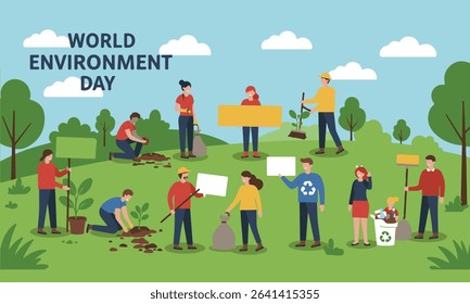 Flat illustration of a group of people celebrating World Environment Day, including tree planting, recycling. Suitable for environmental campaigns, news or educational content.