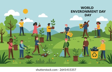 Flat illustration of a group of people celebrating World Environment Day, including tree planting, recycling. Suitable for environmental campaigns, news or educational content.